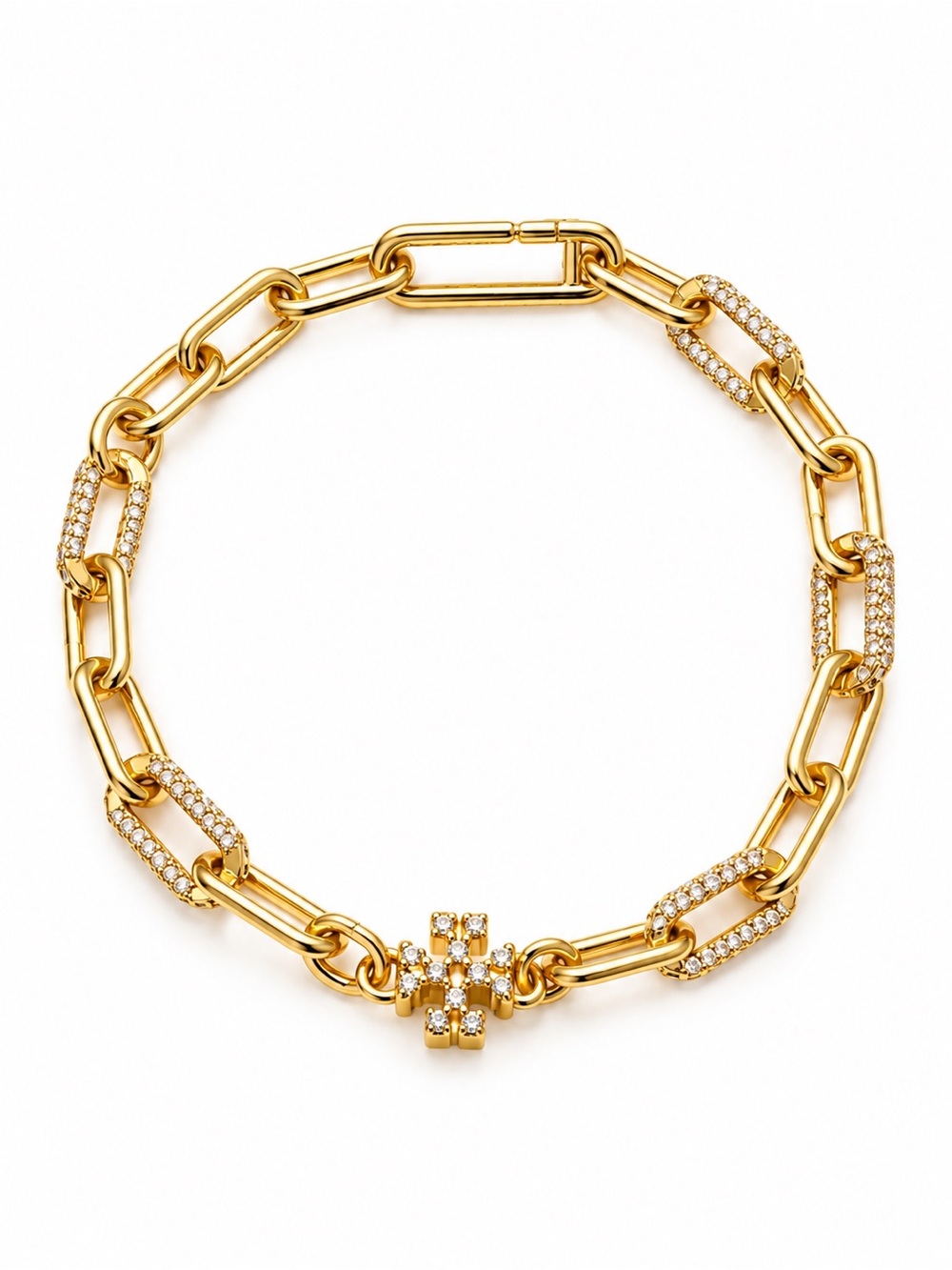Tory Burch Gold Tone Crystal Link Bracelet with Pave Cross Charm